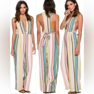 Free People My Kind of Woman Striped Multicolor Linen Jumpsuit Size 0